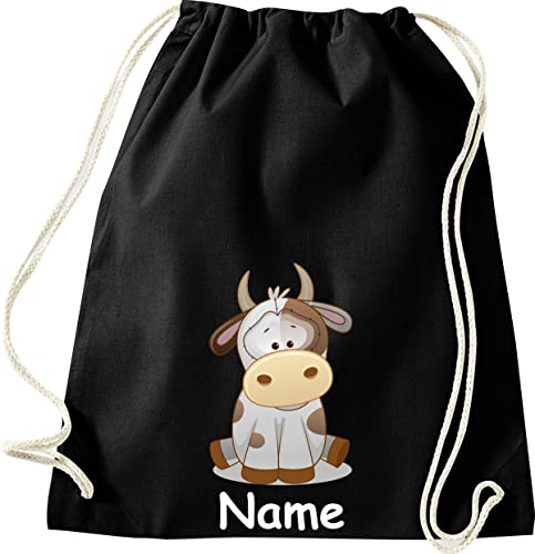 ShirtInStyle Turnbeutel, Tiere Kuh mit Wunschnamen, Kinder, Stoffbeutel, Kinderrucksack, Jute, Gymsack, Farbe Schwarz von ShirtInStyle