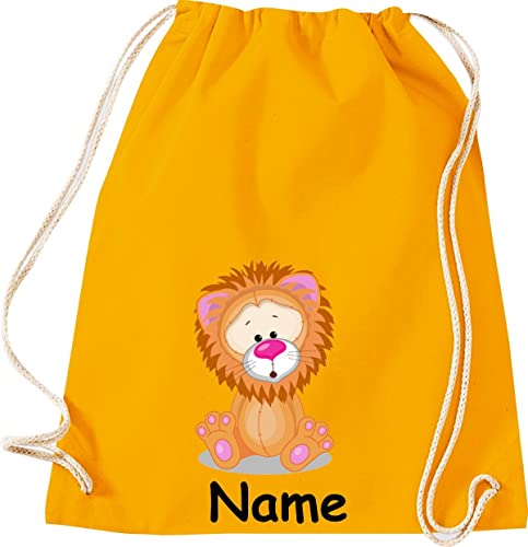 ShirtInStyle Turnbeutel Tiere Löwe mit Wunschnamen, Beutel Tasche Hort Kita, Farbe mustard von ShirtInStyle
