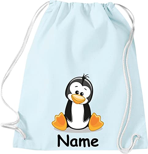 ShirtInStyle Turnbeutel Tiere Pinguin mit Wunschnamen, Beutel Tasche Hort Kita, Farbe pastellblau von ShirtInStyle
