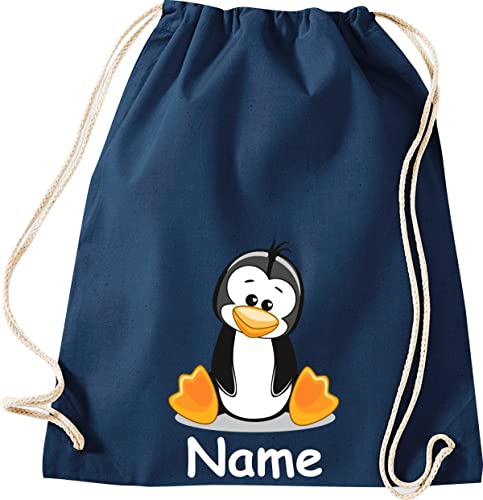 ShirtInStyle Turnbeutel Tiere Pinguin mit Wunschnamen, Kinder, Stoffbeutel, Kinderrucksack, Jute, Gymsack, Farbe Blau von ShirtInStyle