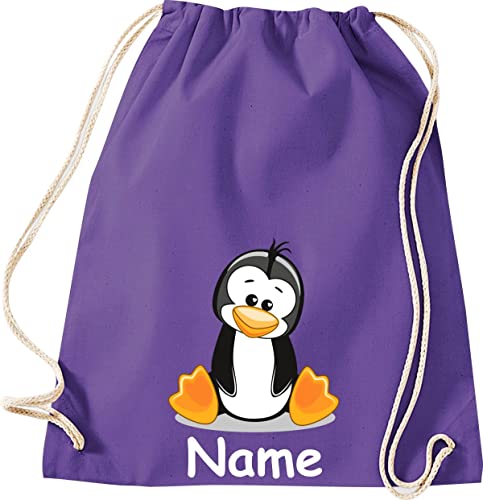 ShirtInStyle Turnbeutel Tiere Pinguin mit Wunschnamen, Kinder, Stoffbeutel, Kinderrucksack, Jute, Gymsack, Farbe purple von ShirtInStyle