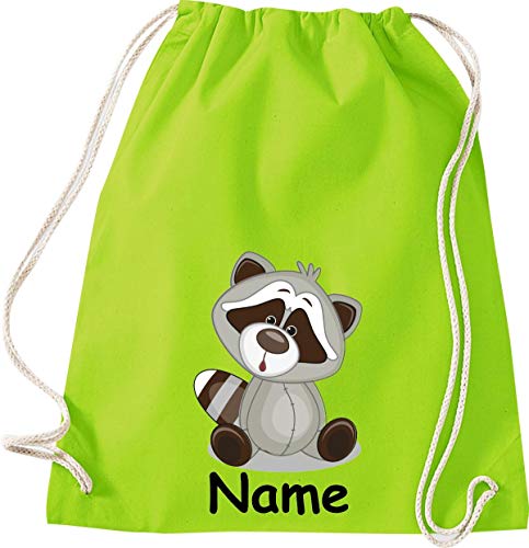 ShirtInStyle Turnbeutel Tiere Waschbär mit Wunschnamen, Kinder, Stoffbeutel, Kinderrucksack, Jute, Gymsack, Farbe Lime von ShirtInStyle