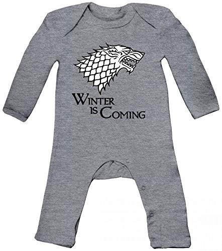 Baby Strampler Langarm Schlafanzug Jungen Mädchen Wolf - Winter Is Coming, Größe: 3-6 Monate,Heather Grey Melange von ShirtStreet