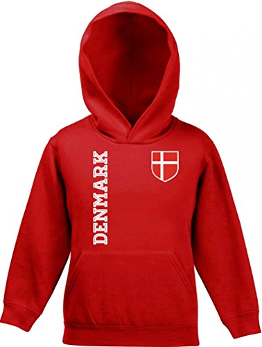 Dänemark Danmark Fußball WM Fanshirt Gruppen Kinder Hoodie Kapuzenpullover Mädchen Jungen Fan Trikot Denmark, Größe: 140,Rot von ShirtStreet