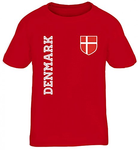 Dänemark Danmark Fußball WM Fanshirt Gruppen Kinder T-Shirt Rundhals Mädchen Jungen Fan Trikot Denmark, Größe: 122/128,rot von ShirtStreet