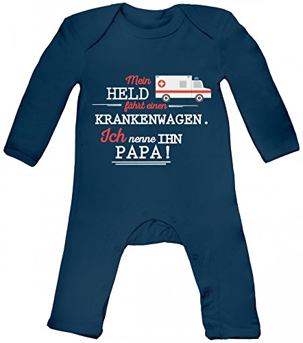 Geschenk zum Vatertag Rettungsdienst Baby Strampler Langarm Schlafanzug Jungen Mädchen Papa- Mein Held fährt einen Krankenwagen, Größe: 3-6 Monate,Nautical Navy von ShirtStreet