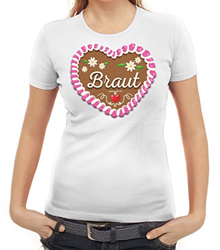 Junggesellinnenabschied JGA Damen Frauen T-Shirt Rundhals Braut - Oktoberfest Lebkuchenherz, Größe: M,weiß von ShirtStreet