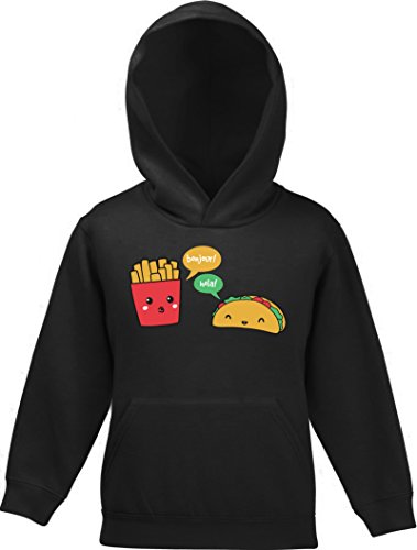 Lustiger Kinder Kids Kapuzen Sweatshirt Hoodie - Pullover mit Taco Pommes Motiv, Größe: 128,Schwarz von ShirtStreet