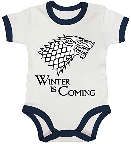 ShirtStreet Ringer Strampler Baumwoll Baby Body kurzarm Jungen Mädchen Wolf - Winter Is Coming, Größe: 3-6 Monate,White/Nautical Navy von ShirtStreet