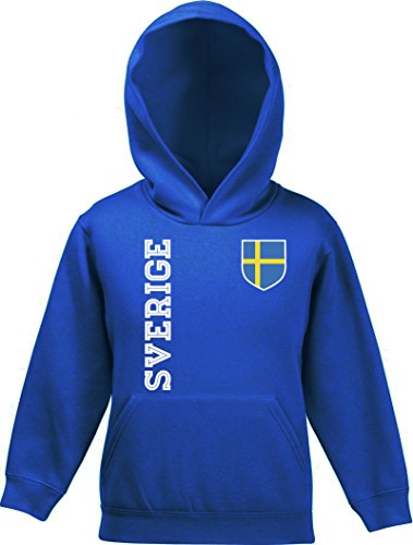 Schweden Sweden Fußball WM Fanshirt Gruppen Kinder Hoodie Kapuzenpullover Mädchen Jungen Fan Trikot Sverige, Größe: 128,Royal Blau von ShirtStreet