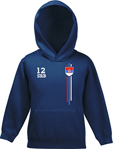 Serbia Soccer World Cup Fussball WM Fanfest Gruppen Kinder Hoodie Kapuzenpullover Mädchen Jungen Streifen Trikot Serbien, Größe: 140,Navy von ShirtStreet