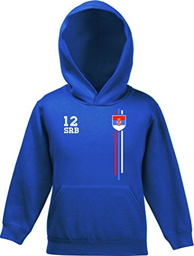 Serbia Soccer World Cup Fussball WM Fanfest Gruppen Kinder Hoodie Kapuzenpullover Mädchen Jungen Streifen Trikot Serbien, Größe: 140,Royal Blau von ShirtStreet