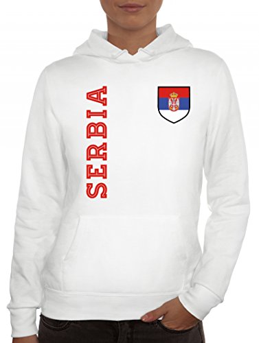 Serbien Fußball WM Fanfest Gruppen Fan Damen Hoodie Frauen Kapuzenpullover Fan Trikot Serbia, Größe: M,Weiß von ShirtStreet