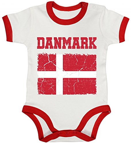 ShirtStreet Dänemark Denmark Fußball WM Fanfest Gruppen Ringer Strampler Baumwoll Baby Body kurzarm Jungen Mädchen Wappen Danmark, Größe: 6-12 Monate,White/Red von ShirtStreet