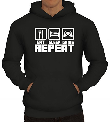 Shirtstreet Geek Nerd Gamer Herren Hoodie Männer Kapuzenpullover Eat Sleep Game Repeat, Größe: S,Schwarz von Shirtstreet