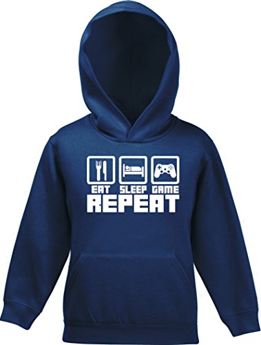 ShirtStreet Geek Nerd Gamer Kinder Hoodie Kapuzenpullover Mädchen Jungen Eat Sleep Game Repeat, Größe: 116,Navy von ShirtStreet