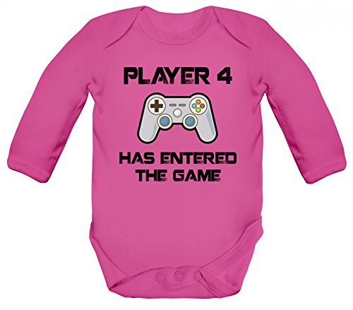 ShirtStreet Geek Nerd Strampler Bio Baby Body Bodysuit Langarm Jungen Mädchen Player 4 Has Entered The Game, Größe: 3-6 Monate,Fuchsia von ShirtStreet