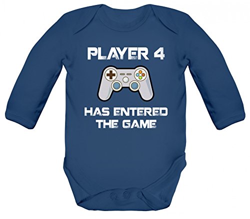 ShirtStreet Geek Nerd Strampler Bio Baby Body Bodysuit Langarm Jungen Mädchen Player 4 Has Entered The Game, Größe: 3-6 Monate,Nautical Navy von ShirtStreet