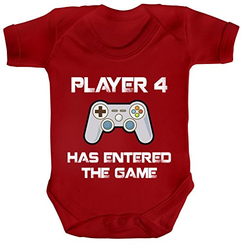 ShirtStreet Geek Nerd Strampler Bio Baumwoll Baby Body Kurzarm Jungen Mädchen Player 4 Has Entered The Game, Größe: 3-6 Monate,Red von ShirtStreet