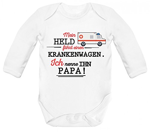 ShirtStreet Geschenk zum Vatertag Rettungsdienst Strampler Bio Baby Body Bodysuit Langarm Jungen Mädchen Papa- Mein Held fährt einen Krankenwagen, Größe: 3-6 Monate,White von ShirtStreet