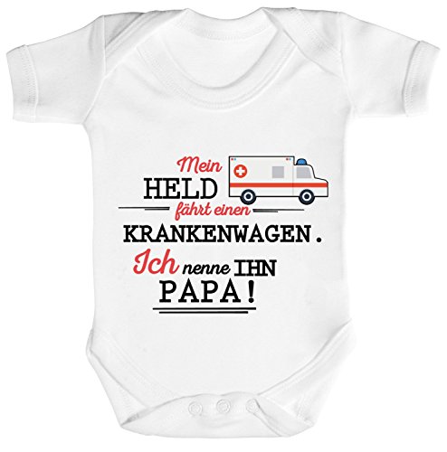 ShirtStreet Geschenk zum Vatertag Rettungsdienst Strampler Bio Baumwoll Baby Body Kurzarm Jungen Mädchen Papa- Mein Held fährt einen Krankenwagen, Größe: 0-3 Monate,White von ShirtStreet