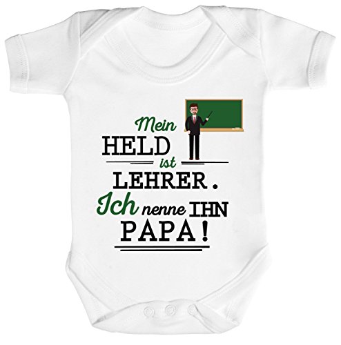 ShirtStreet Geschenk zum Vatertag Strampler Bio Baumwoll Baby Body kurzarm Jungen Mädchen Papa - Mein Held ist Lehrer, Größe: 3-6 Monate,White von ShirtStreet