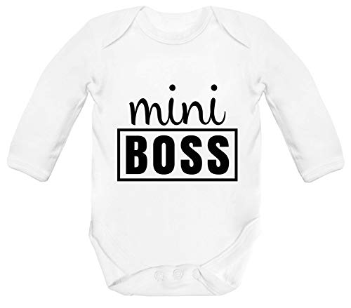 ShirtStreet Lustige Geschenkidee zur Geburt Strampler Bio Baby Body Bodysuit Langarm Jungen Mädchen Mini Boss, Größe: 3-6 Monate,White von ShirtStreet