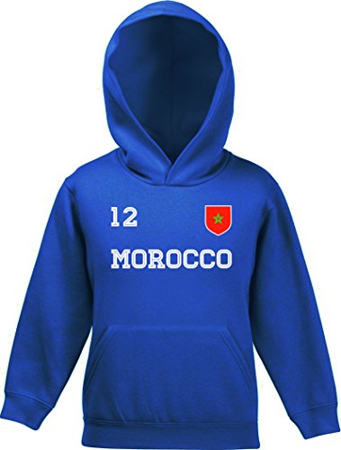 ShirtStreet Marocco Fußball WM Fanfest Gruppen Kinder Hoodie Kapuzenpullover Mädchen Jungen Trikot Marokko, Größe: 140,Royal Blau von ShirtStreet