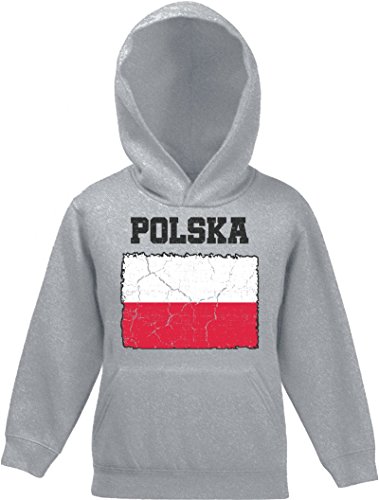 ShirtStreet Poland Polen Fußball WM Fanfest Gruppen Kinder Hoodie Kapuzenpullover Mädchen Jungen Wappen Polska, Größe: 140,Graumeliert von ShirtStreet