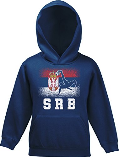 ShirtStreet Serbien Fußball WM Fanfest Gruppen Fan Kinder Hoodie Kapuzenpullover Mädchen Jungen Serbia Football Player, Größe: 152,Navy von ShirtStreet