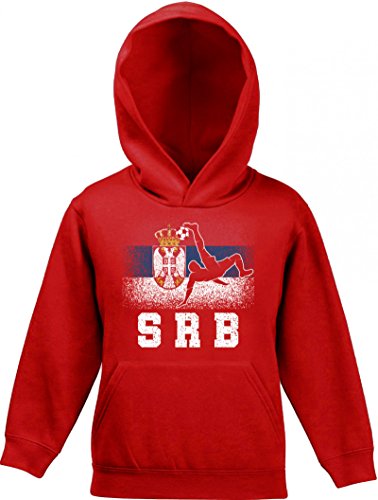 ShirtStreet Serbien Fußball WM Fanfest Gruppen Fan Kinder Hoodie Kapuzenpullover Mädchen Jungen Serbia Football Player, Größe: 152,Rot von ShirtStreet