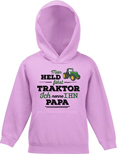 ShirtStreet Vatertag Landwirt Trecker Kinder Hoodie Kapuzenpullover Mädchen Jungen Papa - Mein Held fährt Traktor, Größe: 116,Rosa von ShirtStreet