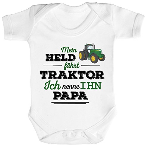ShirtStreet Vatertag Landwirt Trecker Strampler Bio Baumwoll Baby Body kurzarm Papa - Mein Held fährt Traktor, Größe: 6-12 Monate,White von ShirtStreet