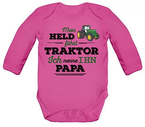 ShirtStreet Vatertag Landwirt Trecker Strampler Bio Baumwoll Baby Body langarm Papa - Mein Held fährt Traktor, Größe: 3-6 Monate,Fuchsia von ShirtStreet