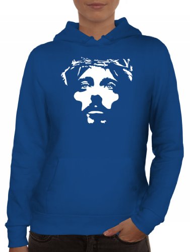 Shirtstreet24, Jesus Face, christlicher Jesus Lady/Damen Kapuzen Hoodie Pullover-Sweatshirt, Größe: L,Royal Blau von ShirtStreet