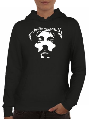 Shirtstreet24, Jesus Face, christlicher Jesus Lady/Damen Kapuzen Hoodie Pullover-Sweatshirt, Größe: M,Schwarz von ShirtStreet