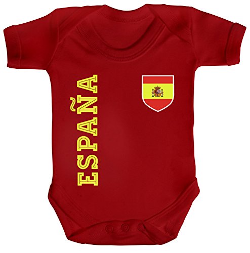 Spanien Spain Fußball WM Fanshirt Gruppen Strampler Bio Baumwoll Baby Body kurzarm Jungen Mädchen Fan Trikot Espana, Größe: 6-12 Monate,Red von ShirtStreet