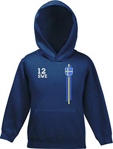 Sverige Sweden World Cup Fussball WM Fanfest Gruppen Kinder Hoodie Kapuzenpullover Mädchen Jungen Streifen Trikot Schweden, Größe: 140,Navy von ShirtStreet