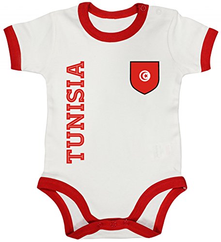 Tunesien Fußball WM Fanshirt Gruppen Ringer Strampler Baumwoll Baby Body kurzarm Jungen Mädchen Fan Trikot Tunisia, Größe: 3-6 Monate,White/Red von ShirtStreet