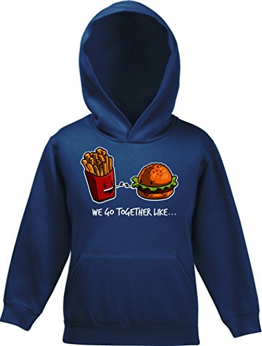 Valentinstag Kinder Kids Kapuzen Sweatshirt Hoodie - Pullover mit Fries + Burger Motiv, Größe: 128,Navy von ShirtStreet
