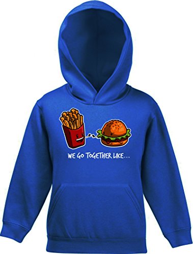 Valentinstag Kinder Kids Kapuzen Sweatshirt Hoodie - Pullover mit Fries + Burger Motiv, Größe: 128,Royal Blau von ShirtStreet
