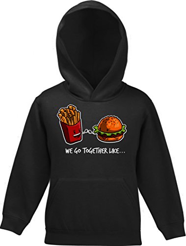 Valentinstag Kinder Kids Kapuzen Sweatshirt Hoodie - Pullover mit Fries + Burger Motiv, Größe: 128,Schwarz von ShirtStreet