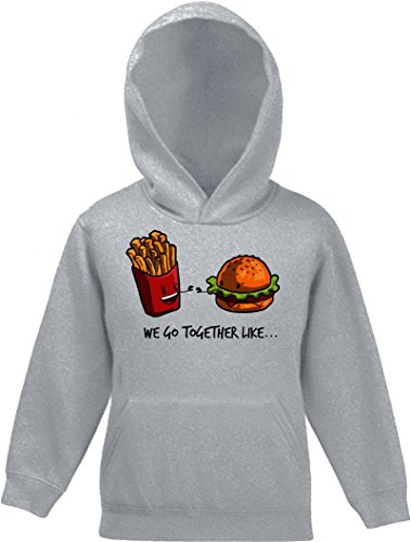 Valentinstag Kinder Kids Kapuzen Sweatshirt Hoodie - Pullover mit Fries + Burger Motiv, Größe: 140,Graumeliert von ShirtStreet