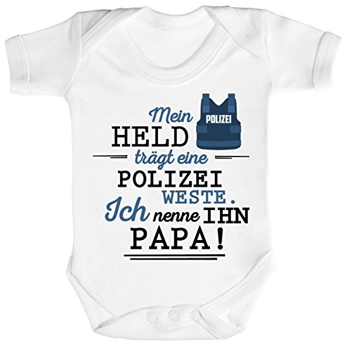 Vatertag Polizist Strampler Bio Baumwoll Baby Body kurzarm Papa - Mein Held trägt eine Polizeiweste, Größe: 0-3 Monate,White von ShirtStreet