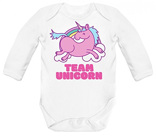 süßer Einhorn Strampler Bio Baumwoll Baby Body langarm Longsleeve Mädchen Team Unicorn, Größe: 3-6 Monate,White von ShirtStreet