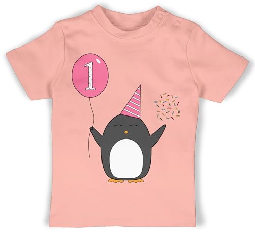 BZ02 Jungen Mädchen T-Shirt Babies - Geburtstag Geschenk für Babys - 1.Geburtstag - Baby - Rosa - Pinguin - Ballon - Konfetti - 6/12 Monate - Babyrosa - Tshirt geburtstagsshirt 1 Jahr t Shirt von ShirtYouWant