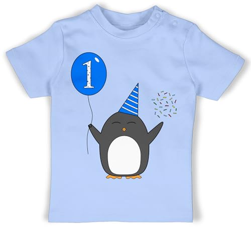 BZ02 Jungen Mädchen T-Shirt Babies - Geburtstag Geschenk für Babys - 1.Geburtstag - Baby - Blau - Pinguin - Ballon - Konfetti - 12/18 Monate - Babyblau - 1 Jahr t-Shirts Junge Outfit Tshirts 1. von ShirtYouWant