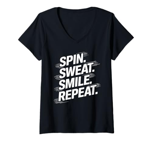 Damen Spin Sweat Smile Repeat Radfahren Spinning T-Shirt mit V-Ausschnitt von ShirtZilla