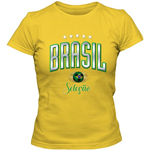 Damen T-Shirt Brasil Brasilien Brazil Fußball Soccer Football WM Trikot 5 Sterne DTG, Größe:XXL, Farbe:gelb von Shirtastic