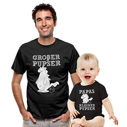 Baby Papa Set - Großer Pupser Herren Shirt und Kleiner Pupser Baby Body Kurzarm Mädchen JungeBaby Schwarz 0-3 Monate/Mann Schwarz M von Shirtgeil